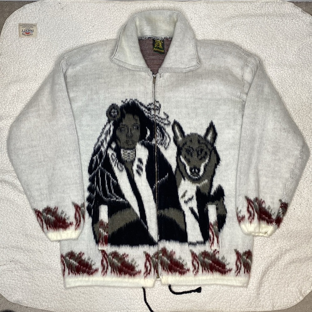 Rumiñahui Wool Incan Woman And Wolf Full Zip Sweater: Size Large
